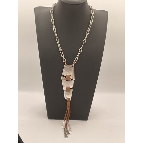 ALM Soho Silver Tone Chain Necklace With Metal & Leather Tassel - Picture 1 of 5